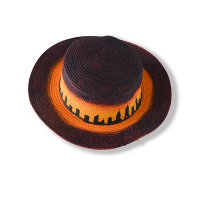 Heartfelt Layers Women's New York City Skyline Hand-painted Woven Straw Sun Hat, Orange Cityscape Summer Beach Cap