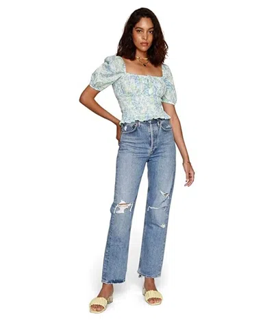 Heartloom Amanda Top Womens Green Printed Square Neck Puff Sleeve Crop Jdm780