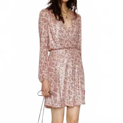 Heartloom Long Sleeve Surplice Sequin Mini Dress In Champagne In Pink