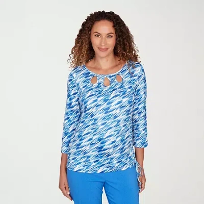 Hearts Of Palm Abstract Side-drawstring Womens Round Neck 3/4 Sleeve T-shirt In Blue