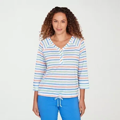 Hearts Of Palm Drawstring Womens 3/4 Sleeve Regular Fit Henley Shirt In Blue