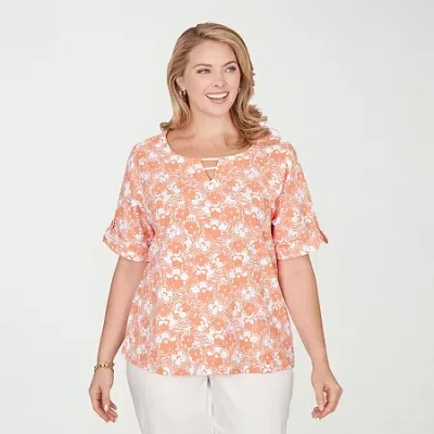 Hearts Of Palm Elbow Sleeve Floral Womens Plus Crew Neck Elbow Sleeve Embellished Blouse In Orange