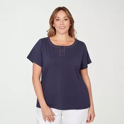 Hearts Of Palm Embellished Neckline Womens Plus Crew Neck Short Sleeve Embellished Blouse In Blue