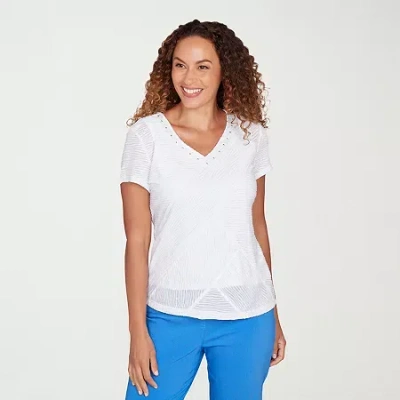 Hearts Of Palm Embellished Textured Womens V Neck Short Sleeve Blouse In White