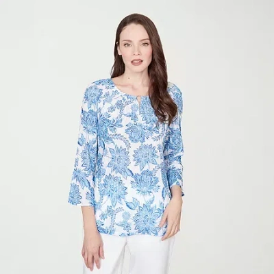 Hearts Of Palm Floral Peasant Sleeve Womens Round Neck 3/4 Sleeve Embellished Blouse In Blue