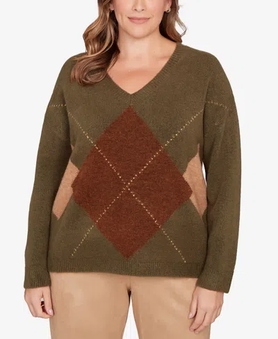 Hearts Of Palm Plus Size Argyle Long Sleeve V-neck Sweater In Brown
