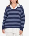 Hearts Of Palm Plus Size Bi-color Stripe Two-fer Sweater In Blue