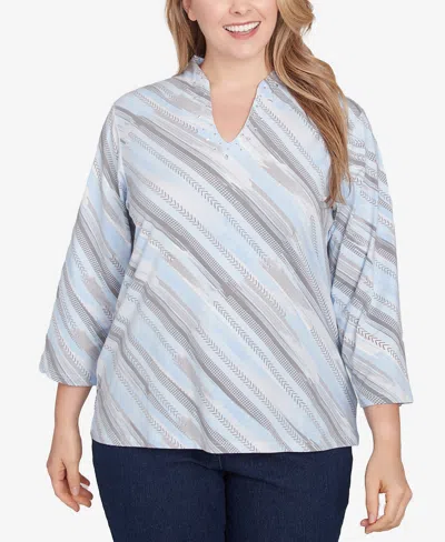Hearts Of Palm Plus Size Blue My Mind Funnel Neck Embellished Top In Light Blue Multi