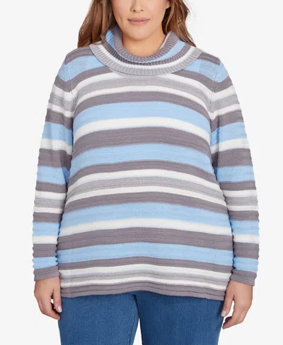Hearts Of Palm Plus Size Blue My Mind Stripe Cowl Neck Sweater In Mink Multi