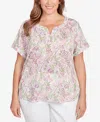 Hearts Of Palm Plus Size Embellished Garden Print Slub Top