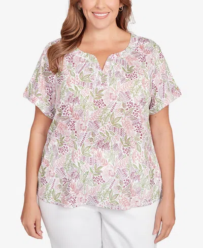 Hearts Of Palm Plus Size Embellished Garden Print Slub Top