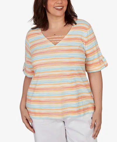 Hearts Of Palm Plus Size Embellished Stretch V-neck Top In Multi