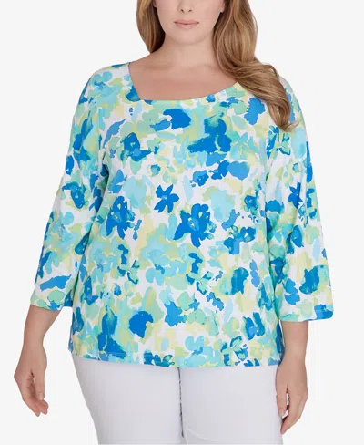 Hearts Of Palm Plus Size Feeling The Lime 3/4 Sleeve Top In Bright Blue Multi