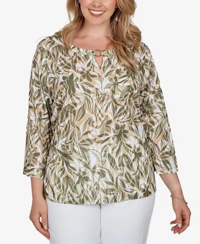 Hearts Of Palm Plus Size Green Leaf Printed Slub Top