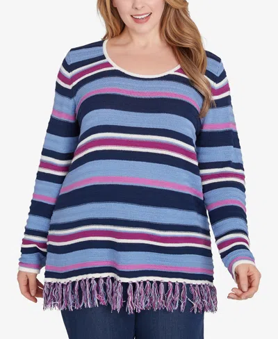 Hearts Of Palm Plus Size Lets Rendez-blue Printed Long Sleeve Sweater In Dark Violet Multi