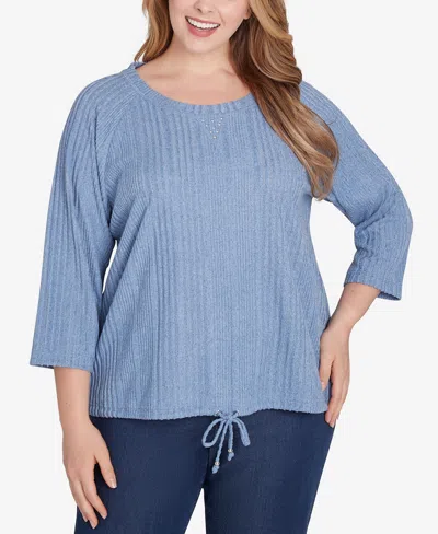 Hearts Of Palm Plus Size Lets Rendez-blue Solid 3/4 Sleeve Top In Light Blue