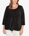 Hearts Of Palm Plus Size Long Sleeve Metallic Stripe Blouson Top In Black