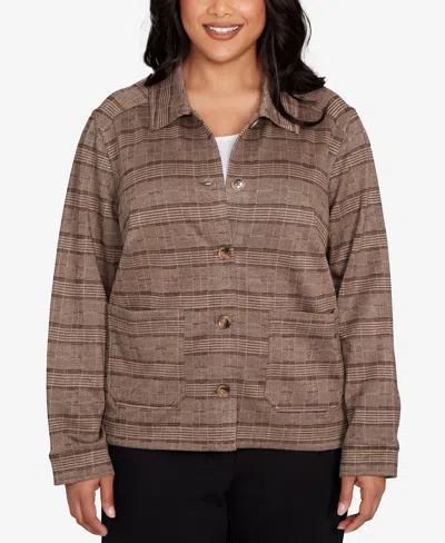 Hearts Of Palm Plus Size Long Sleeve Plaid Jacket In Brown