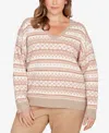 Hearts Of Palm Plus Womens V Neck Long Sleeve Jacquard Pullover Sweater In Neutral