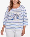 Hearts Of Palm Plus Size Making Waves Beach Scene Drawstring 3/4 Sleeve Top In Canary Multi