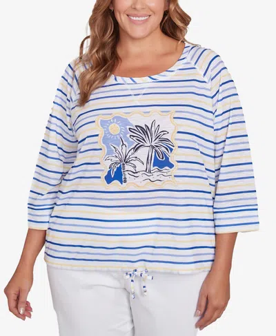 Hearts Of Palm Plus Size Making Waves Beach Scene Drawstring 3/4 Sleeve Top In Canary Multi