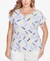Hearts Of Palm Plus Size Making Waves Flip Flop Print Top In Light Blue Multi