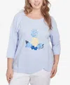 Hearts Of Palm Plus Size Making Waves Pineapple Printed 3/4 Sleeve Top In Light Blue Multi