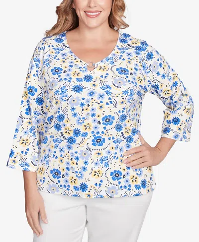 Hearts Of Palm Plus Size Making Waves Printed 3/4 Sleeve Top In French Blue Multi