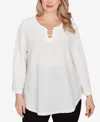 Hearts Of Palm Plus Size Novelty Crinkle 3/4 Sleeve Top In White
