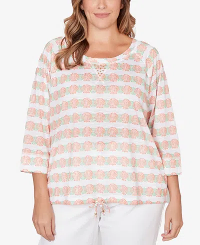 Hearts Of Palm Plus Size Printed 3/4 Sleeve Blouson Top In Pink