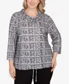 Hearts Of Palm Plus Size Printed 3/4 Sleeve Cowl Neck Blouson Top In Gray