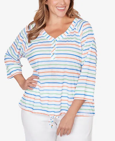 Hearts Of Palm Plus Size Printed 3/4 Sleeve Henley Blouson Top In Orange