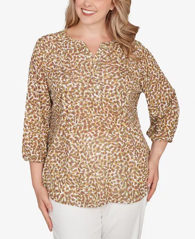 Hearts Of Palm Plus Size Printed 3/4 Sleeve Peasant Top In Multi