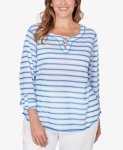 Hearts Of Palm Plus Size Printed 3/4 Sleeve Roll Tab Top In Multi