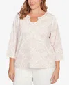 Hearts Of Palm Plus Size Printed 3/4 Sleeve Top With Horseshoe Neckline In White