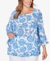 Hearts Of Palm Plus Size Printed Crinkle 3/4 Sleeve Top In Blue