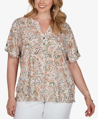 Hearts Of Palm Plus Size Printed Double-button Slub Top In Multi