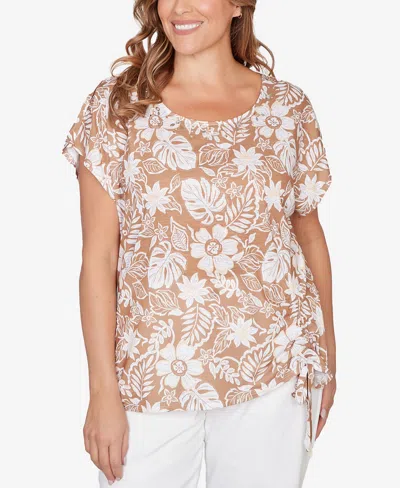 Hearts Of Palm Plus Size Printed Embellished Slub Top In Multi