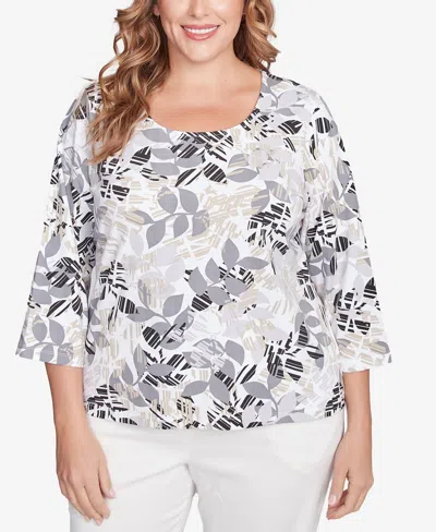 Hearts Of Palm Plus Size Printed Essentials 3/4 Sleeve Top In Black Multi