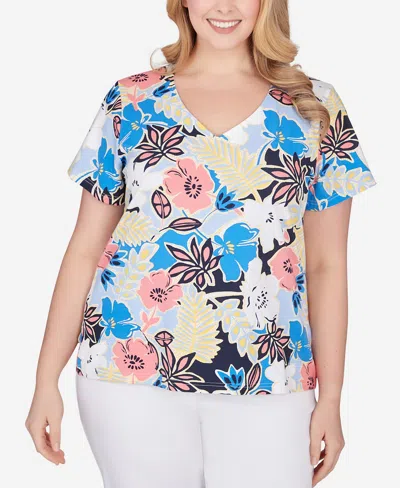 Hearts Of Palm Plus Size Printed Essentials Short Sleeve Top In Bright Blue Multi