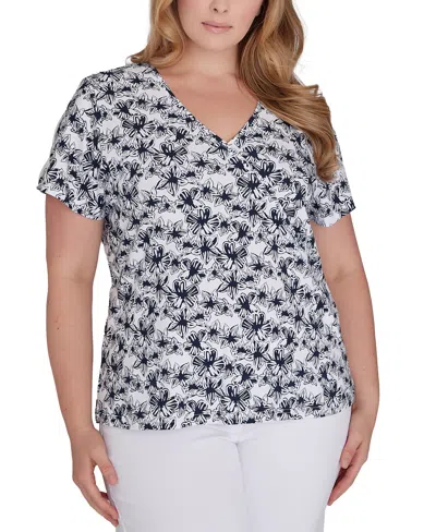 Hearts Of Palm Plus Size Printed Essentials Short Sleeve Top In Navy Multi