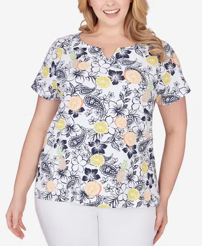Hearts Of Palm Plus Size Printed Essentials Short Sleeve Top In Navy Multi
