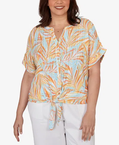 Hearts Of Palm Plus Size Printed Eyelet Gauze V-neck Top With Tie-front In Multi