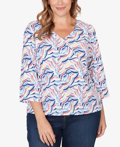 Hearts Of Palm Plus Size Printed Jersey Surplice 3/4 Sleeve Top In Multi