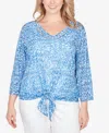Hearts Of Palm Plus Size Printed Knit Burnout 3/4 Sleeve V-neck Top In Blue
