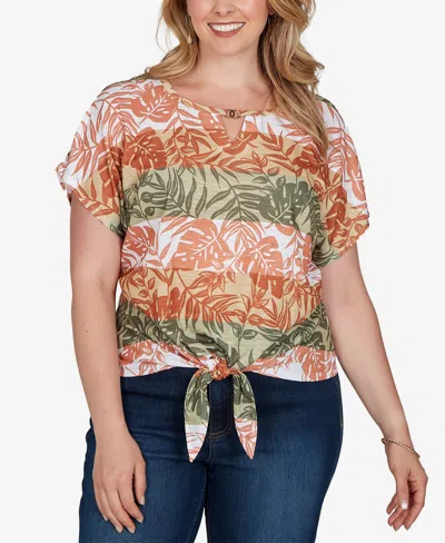 Hearts Of Palm Plus Size Printed Knit Tie-front Top In Multi