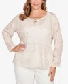 Hearts Of Palm Plus Size Printed Long Sleeve Embellished Top In White