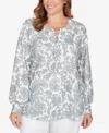 Hearts Of Palm Plus Size Printed Long Sleeve Hatchi Lace Neck Tunic Top In Gray