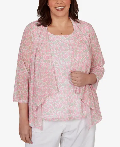 Hearts Of Palm Plus Size Printed Mesh 3/4-sleeve Cascade Cardigan Sweater In Pink