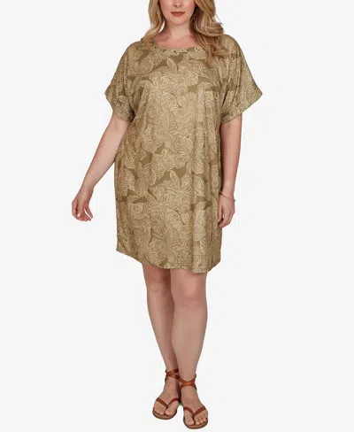 Hearts Of Palm Plus Size Printed Short-sleeve Grommet Dress In Brown